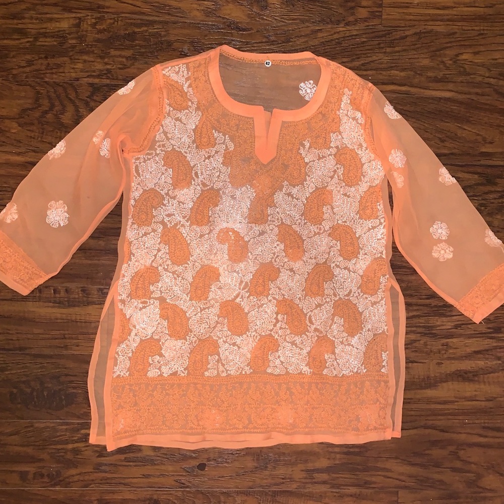 Coral & White top with sheer back